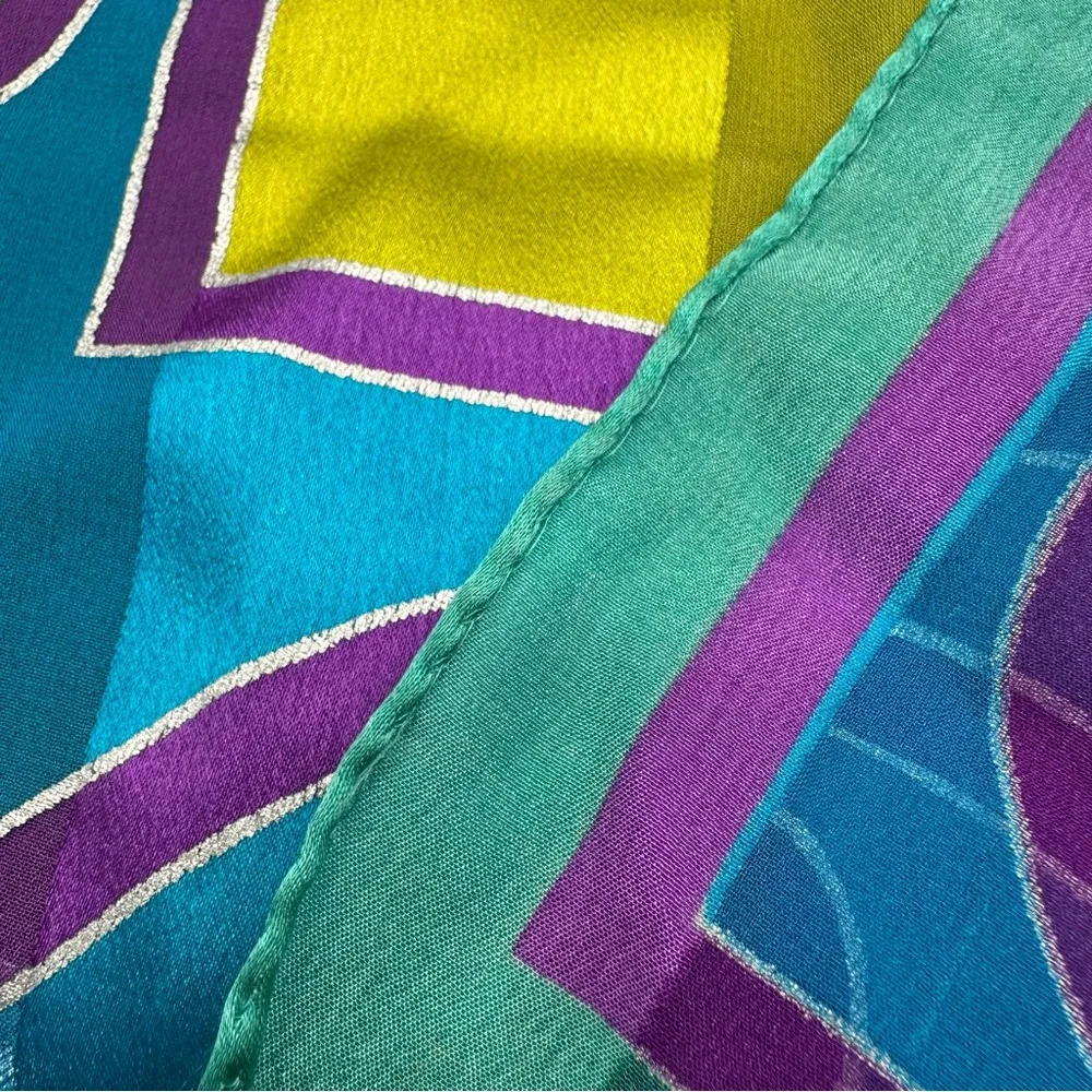 Adrienne Vittadini Silk Scarf – Teal, Purple & Chartreuse Abstract, 54
